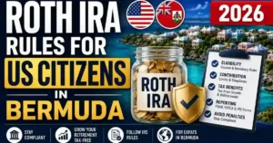 Roth IRA rules for US citizens living in Bermuda with retirement savings jar and compliance checklist