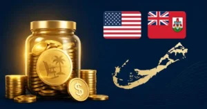 Roth IRA rules for US expats in Bermuda with retirement savings jar, gold coins, and US and Bermuda flag icons