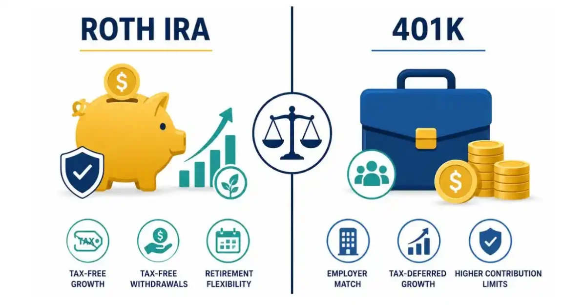 Roth IRA vs 401k comparison for US expats in Bermuda
showing tax-free growth on Roth IRA side and employer
match advantage on 401k side