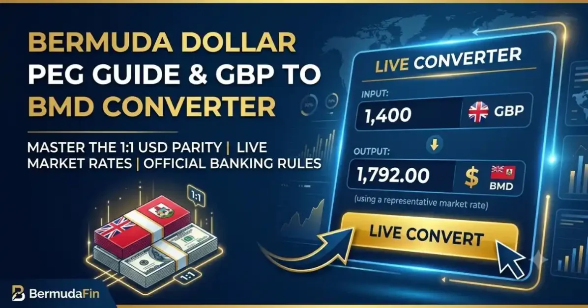 Interactive interface for Bermuda Dollar Peg Guide showing live GBP to BMD converter calculations