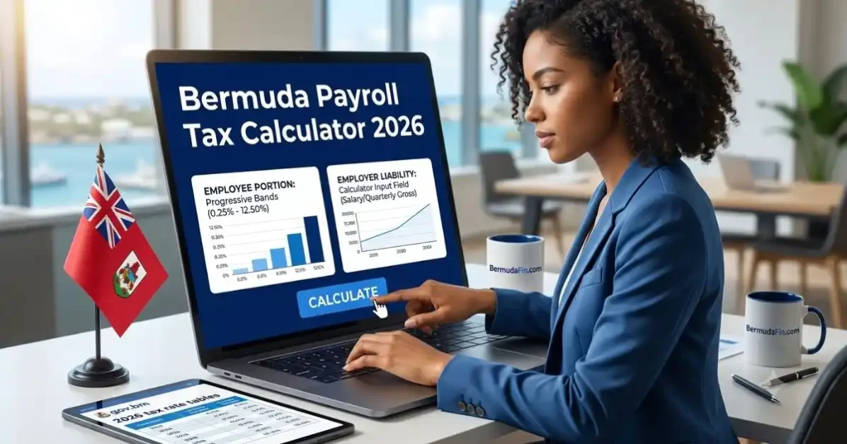 A professional using the official Bermuda Payroll Tax Calculator 2026 interface on a laptop to calculate progressive employee tax bands and employer liability in a Hamilton office.