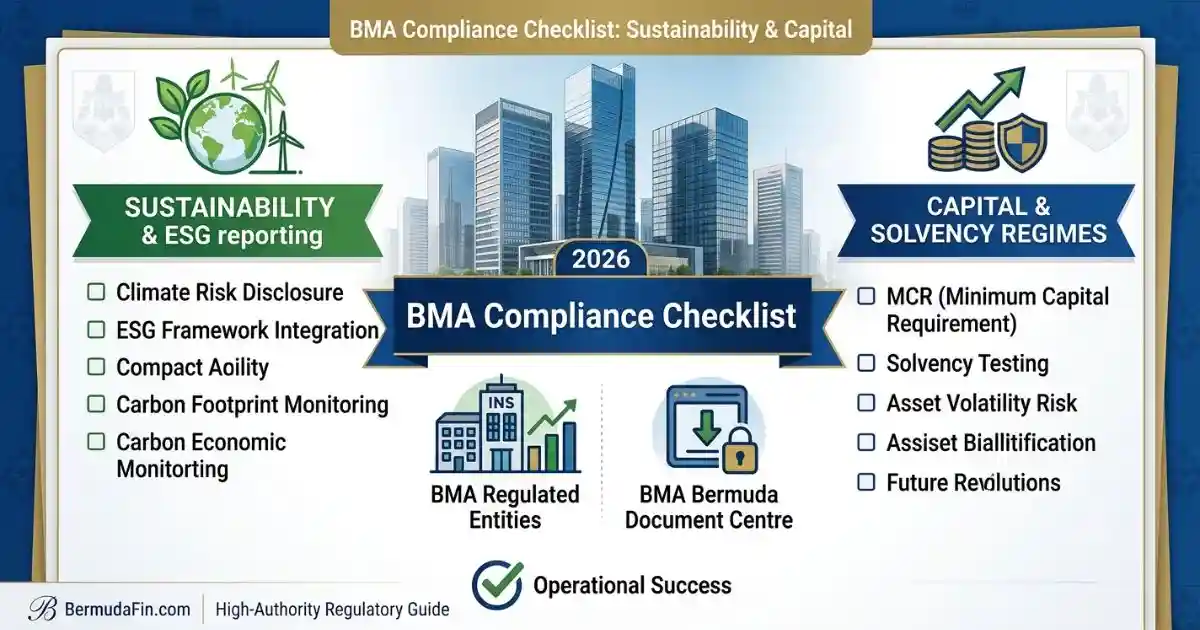 A comprehensive BMA Compliance Checklist dashboard showing corporate sustainability metrics and capital solvency rules for Bermuda financial firms.