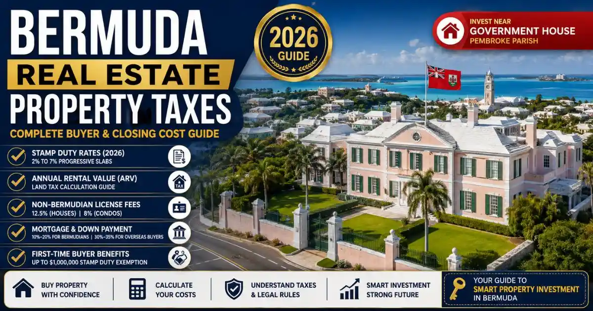 Luxury homes near Government House in Pembroke Parish illustrating Bermuda Real Estate Property Taxes, stamp duty, ARV land tax, mortgage financing, and property investment in 2026.
