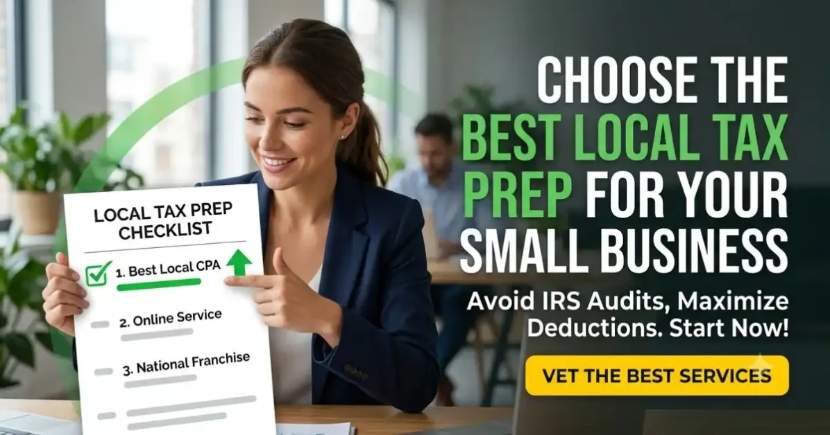 A smiling small business owner holds a professional checklist highlighting '1. Best Local CPA' for optimized local tax prep services.