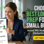 A smiling small business owner holds a professional checklist highlighting '1. Best Local CPA' for optimized local tax prep services.