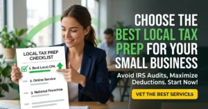 A smiling small business owner holds a professional checklist highlighting '1. Best Local CPA' for optimized local tax prep services.