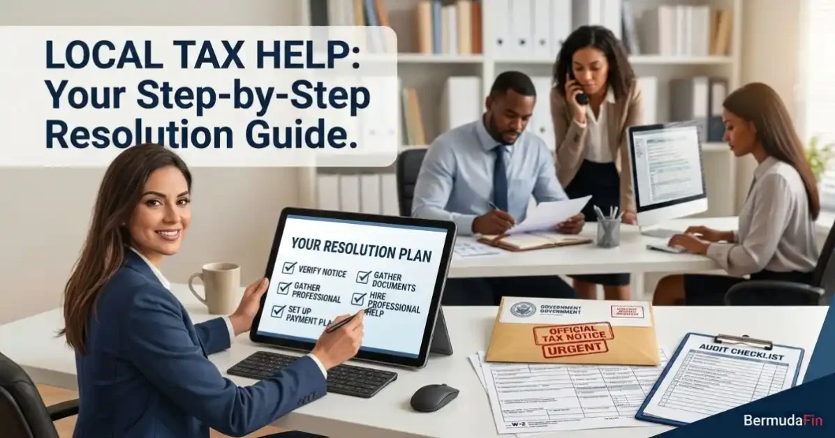 Featured image for local tax help article, showing a woman with an audit resolution checklist tablet, pointing to a step. Also visible is a realistic official tax notice envelope and audit checklist clipboard in a modern office with a professional tax team.