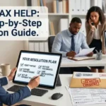 Featured image for local tax help article, showing a woman with an audit resolution checklist tablet, pointing to a step. Also visible is a realistic official tax notice envelope and audit checklist clipboard in a modern office with a professional tax team.