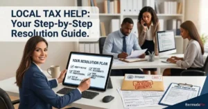 Featured image for local tax help article, showing a woman with an audit resolution checklist tablet, pointing to a step. Also visible is a realistic official tax notice envelope and audit checklist clipboard in a modern office with a professional tax team.