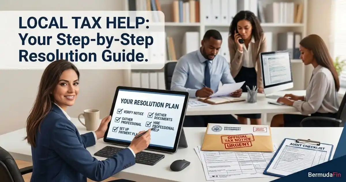 Featured image for local tax help article, showing a woman with an audit resolution checklist tablet, pointing to a step. Also visible is a realistic official tax notice envelope and audit checklist clipboard in a modern office with a professional tax team.