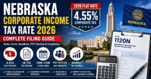 Nebraska Corporate Income Tax Rate 2026 showing the 4.55% flat corporate tax rate, Form 1120N filing, LB 754 tax reform, PTET election, and business tax compliance.
