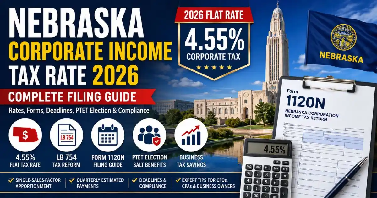 Nebraska Corporate Income Tax Rate 2026 showing the 4.55% flat corporate tax rate, Form 1120N filing, LB 754 tax reform, PTET election, and business tax compliance.